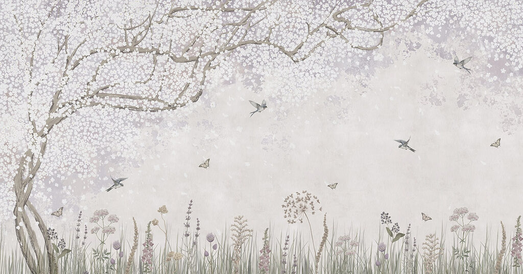 Pintura de um jardim com flores e borboletas Pintura de um jardim com flores e borboletas