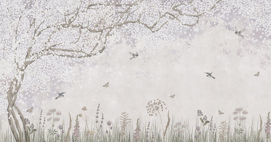 Pintura de um jardim com flores e borboletas Pintura de um jardim com flores e borboletas