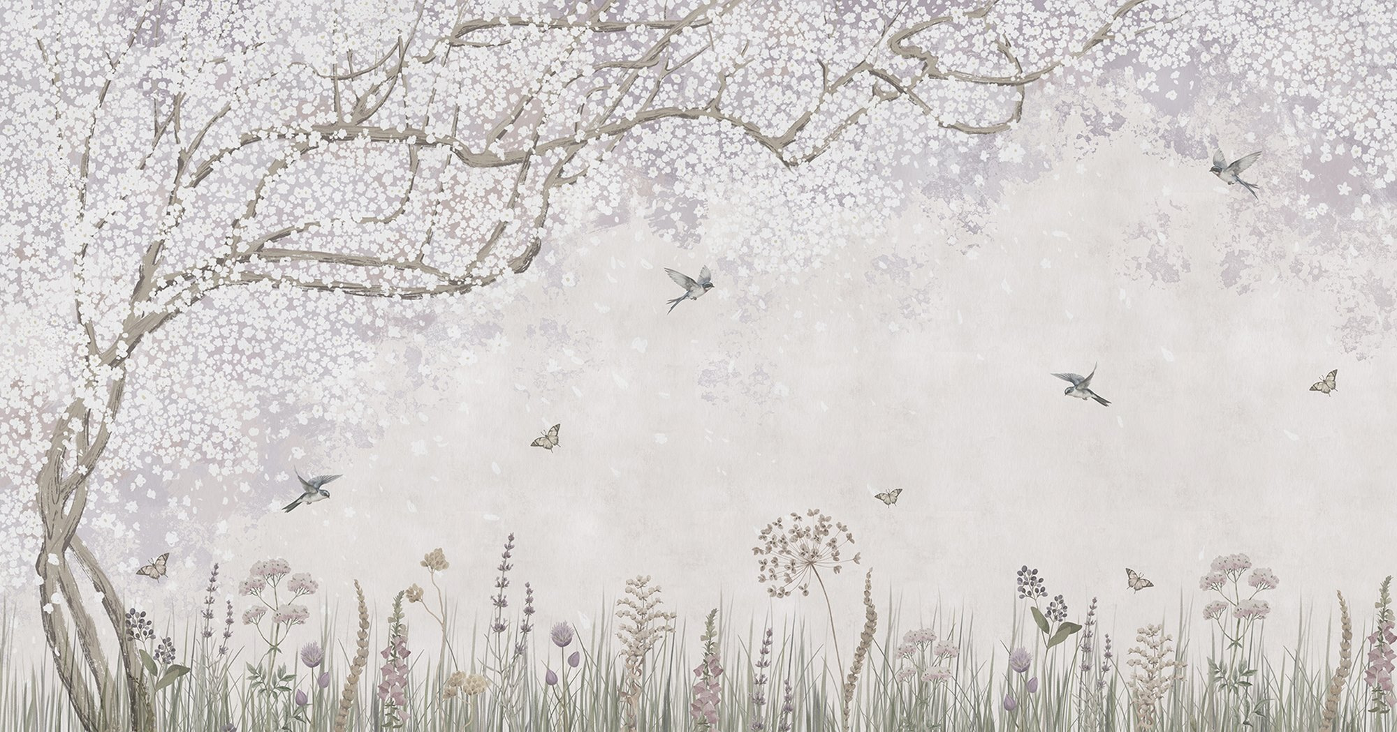 Painting of a garden with flowers and butterflies Painting of a garden with flowers and butterflies