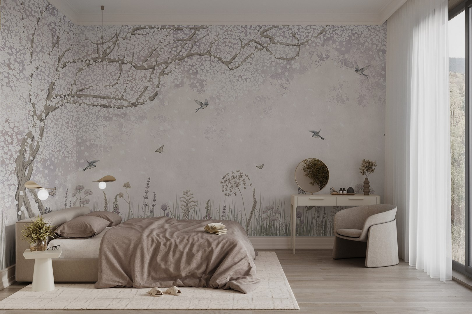 Painting of a garden with flowers and butterflies Painting of a garden with flowers and butterflies