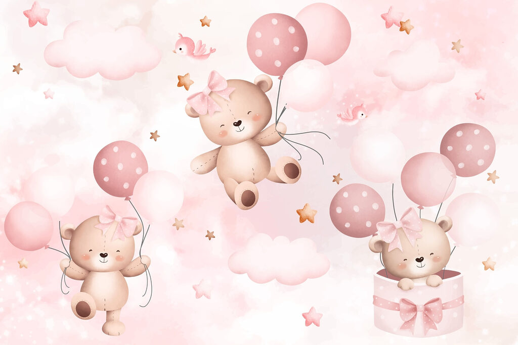 Group of teddy bears holding balloons