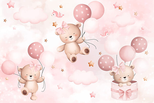 Group of teddy bears holding balloons