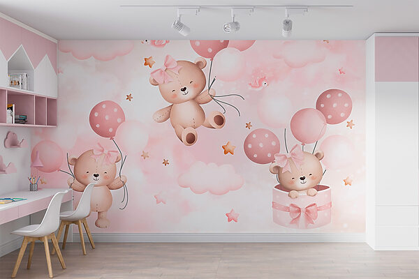 Group of teddy bears holding balloons