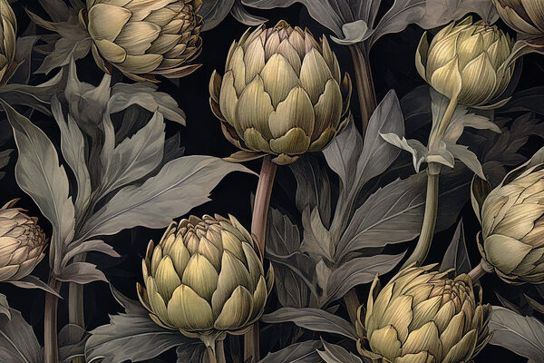 Artichokes and leaves on a black background