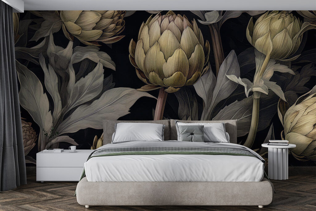 Artichokes and leaves on a black background