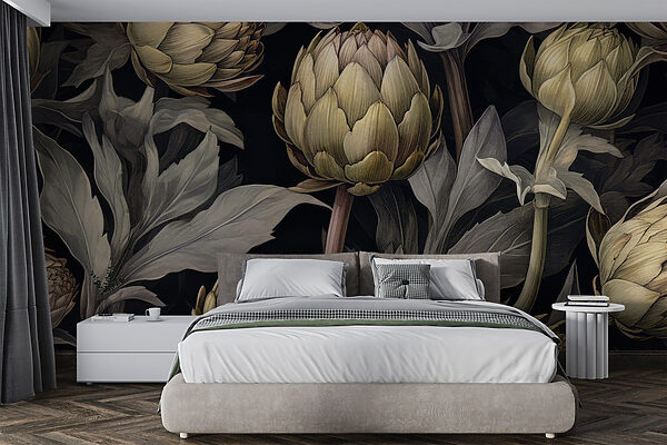 Artichokes and leaves on a black background