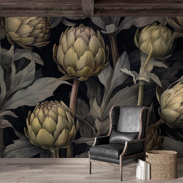 Artichokes and leaves on a black background