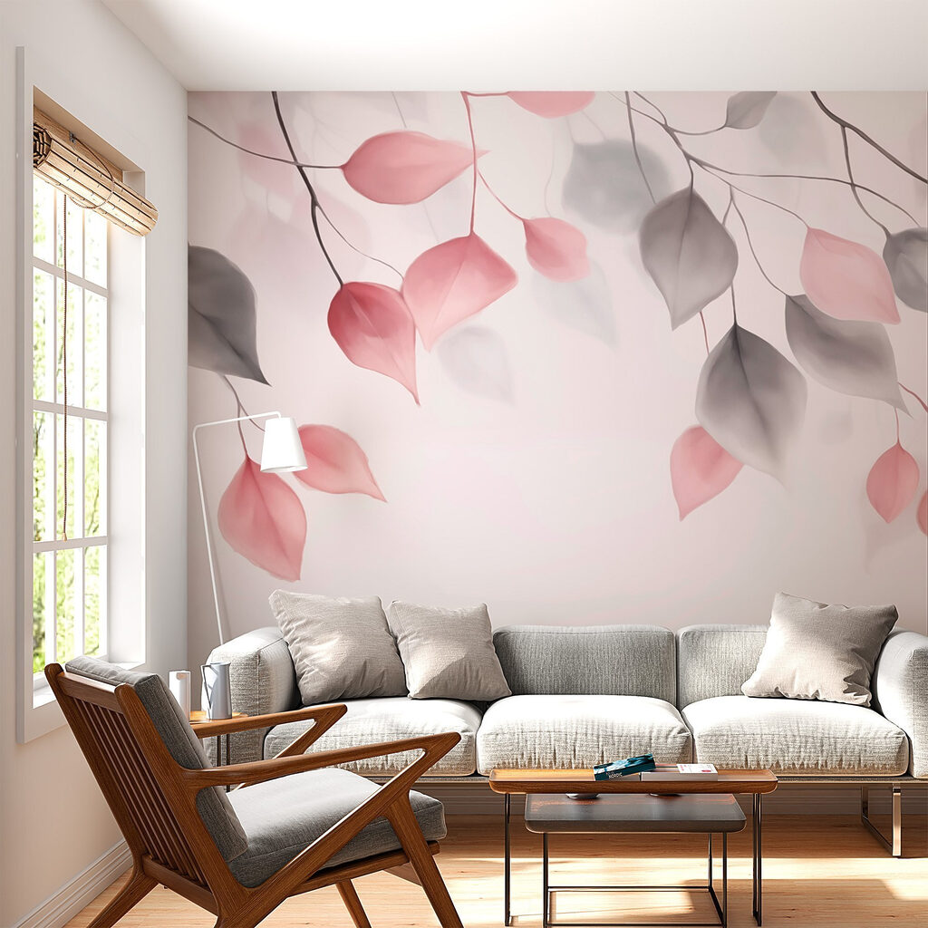 Pink and grey leaves on branches