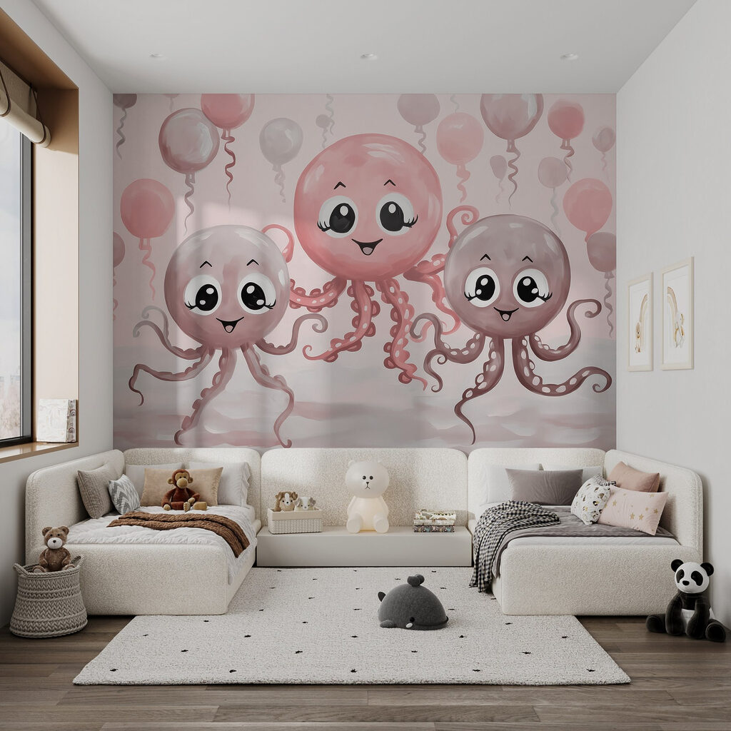 Group of octopuses with balloons