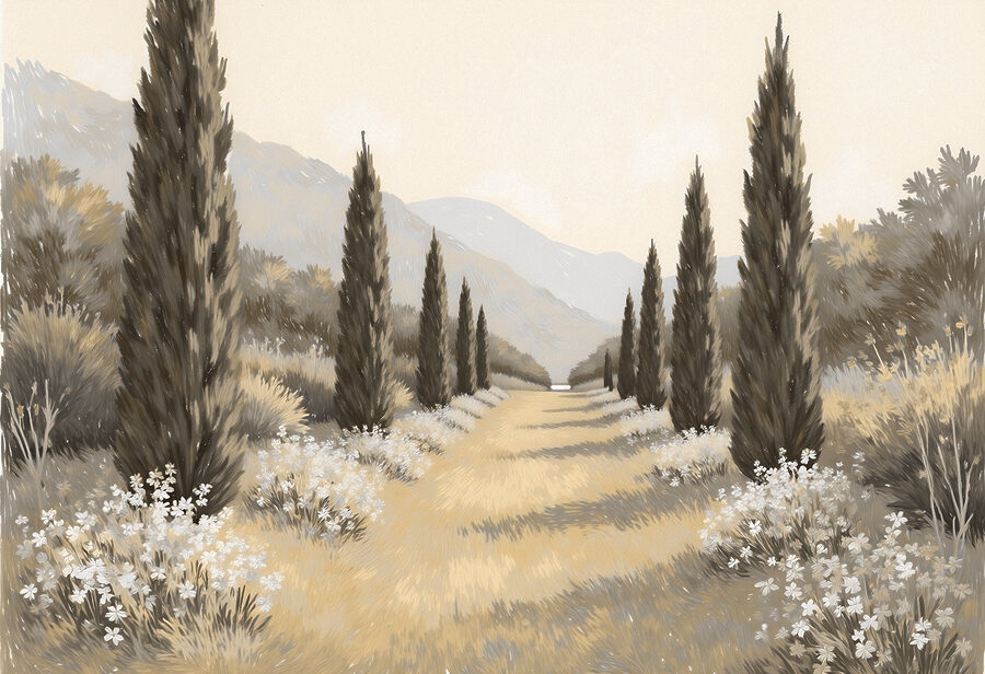 Paisagem com árvores e flores Paisagem com árvores e flores
