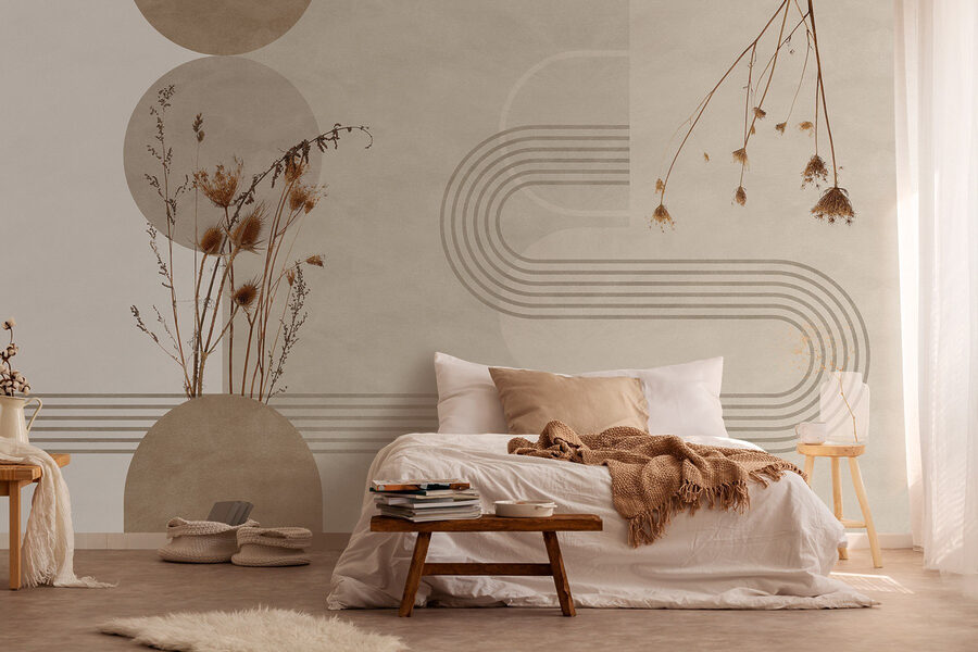 Fundo castanho e branco com círculos castanhos e brancos e plantas