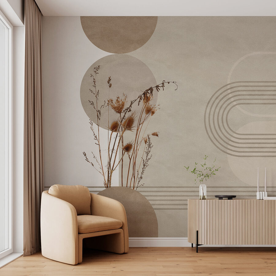 Fundo castanho e branco com círculos castanhos e brancos e plantas