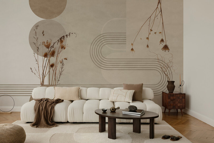 Fundo castanho e branco com círculos castanhos e brancos e plantas