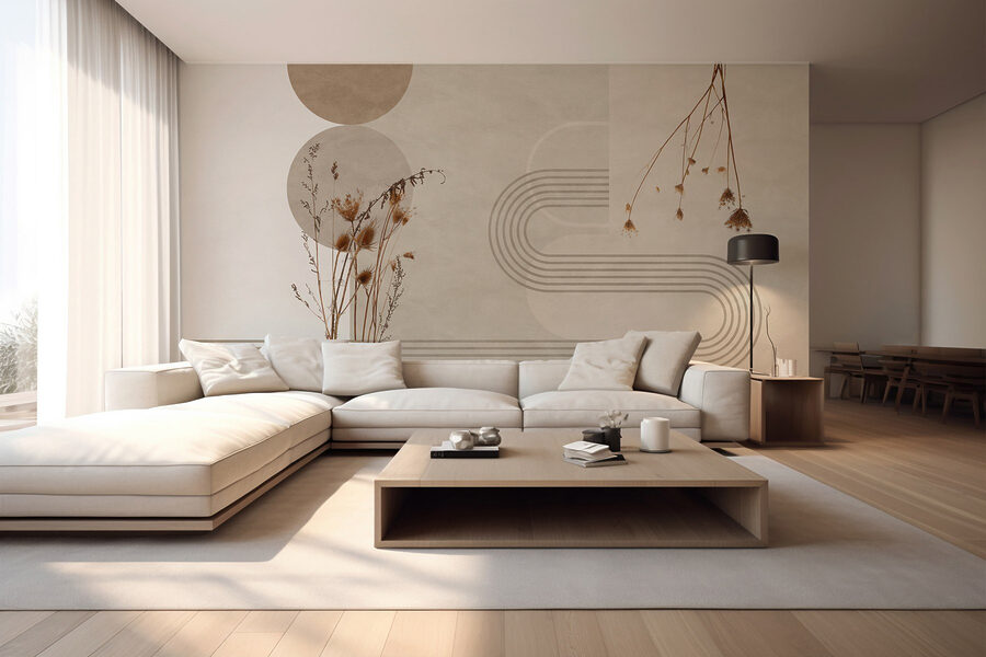 Fundo castanho e branco com círculos castanhos e brancos e plantas