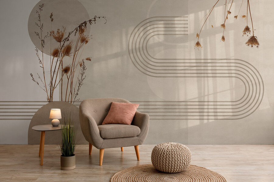 Fundo castanho e branco com círculos castanhos e brancos e plantas