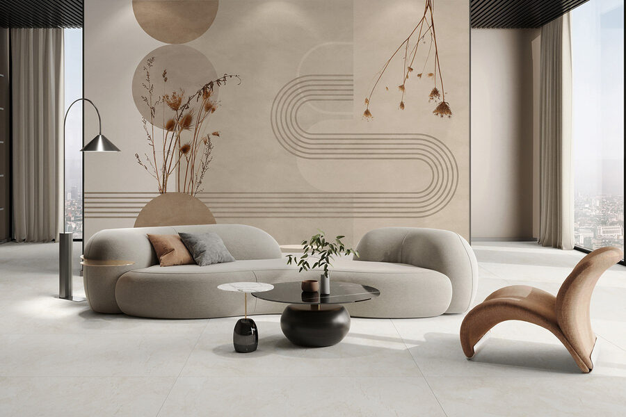 Fundo castanho e branco com círculos castanhos e brancos e plantas