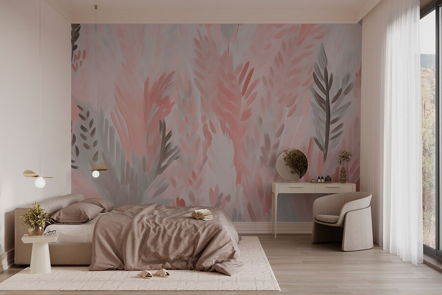 Papel de parede Folhas cor-de-rosa e cinzentas
