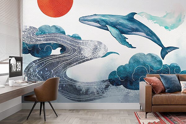 Whale and water with a red sun