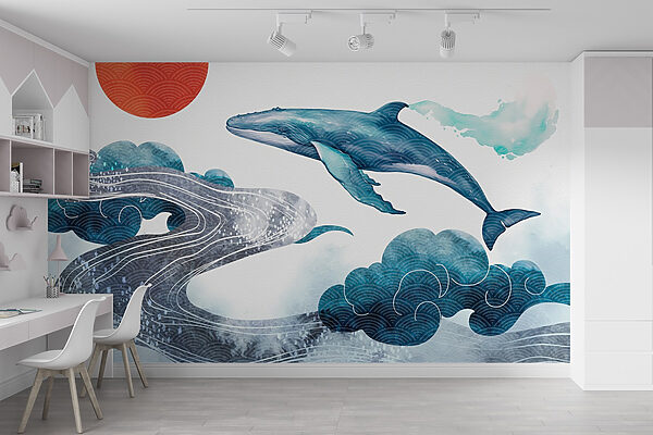 Whale and water with a red sun