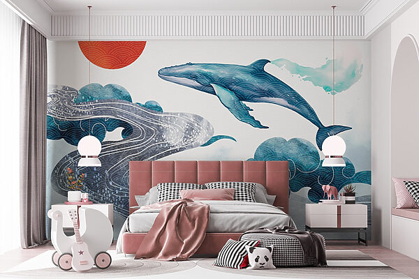 Whale and water with a red sun