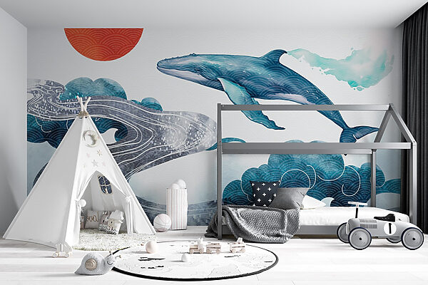 Whale and water with a red sun