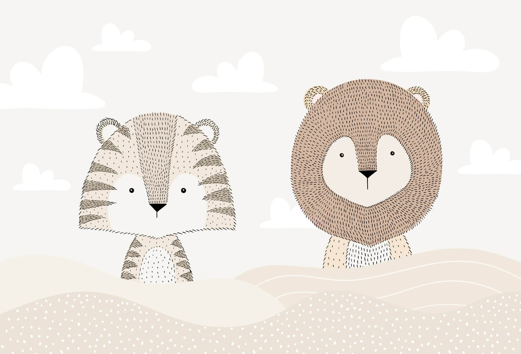 Lion and tiger in a desert