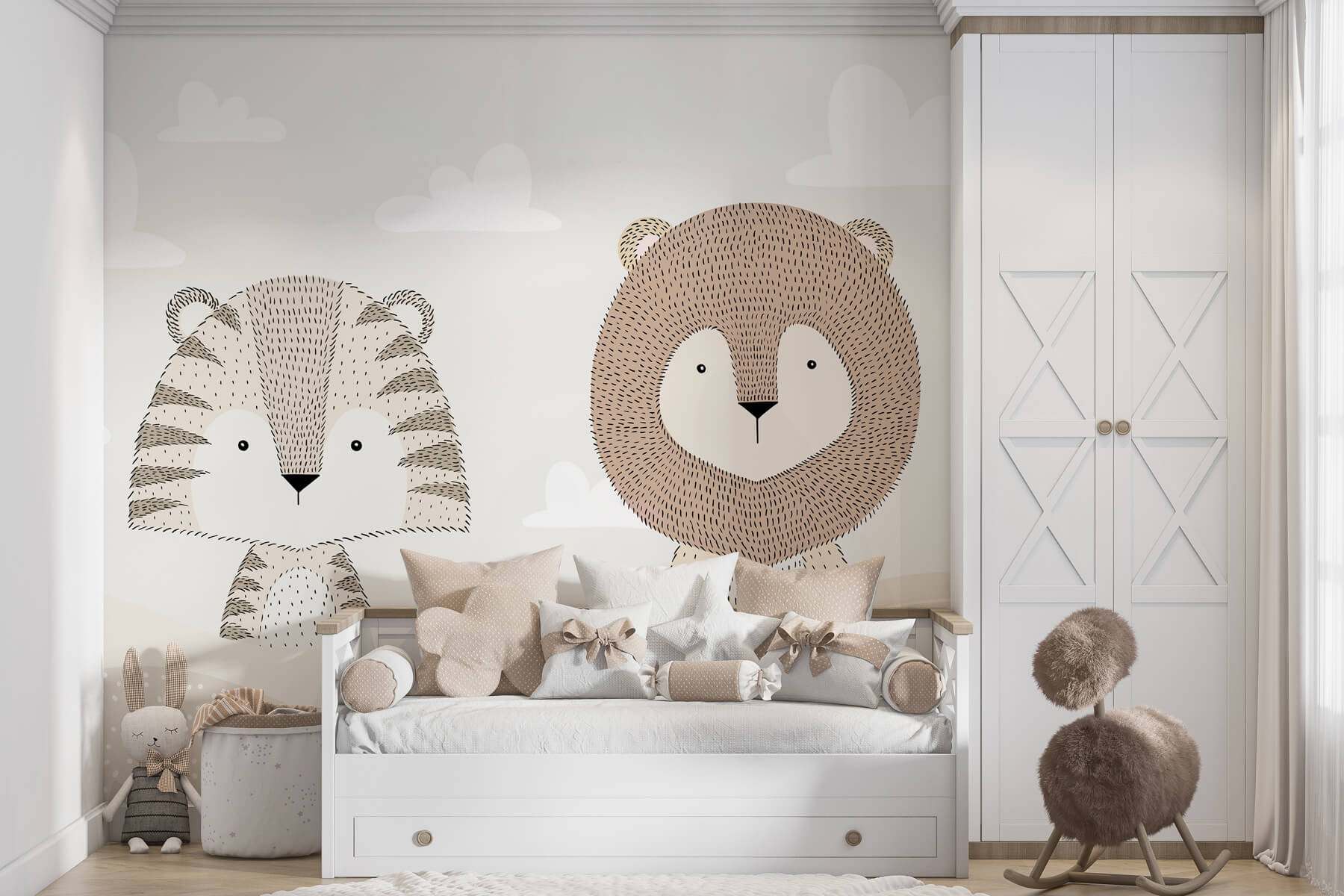 Lion and tiger in a desert