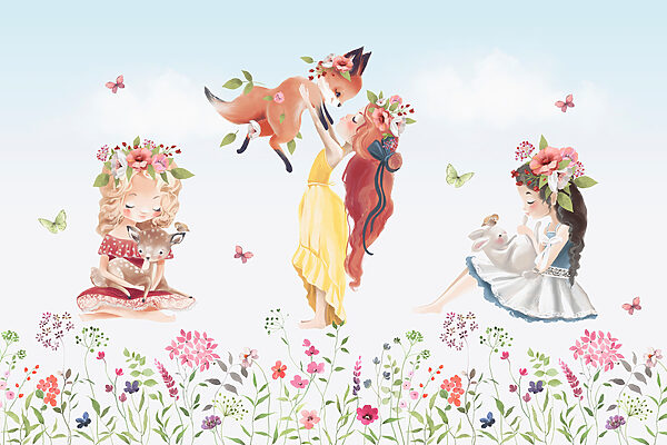 Grupo de raparigas a segurar animais num campo de flores Grupo de raparigas a segurar animais num campo de flores