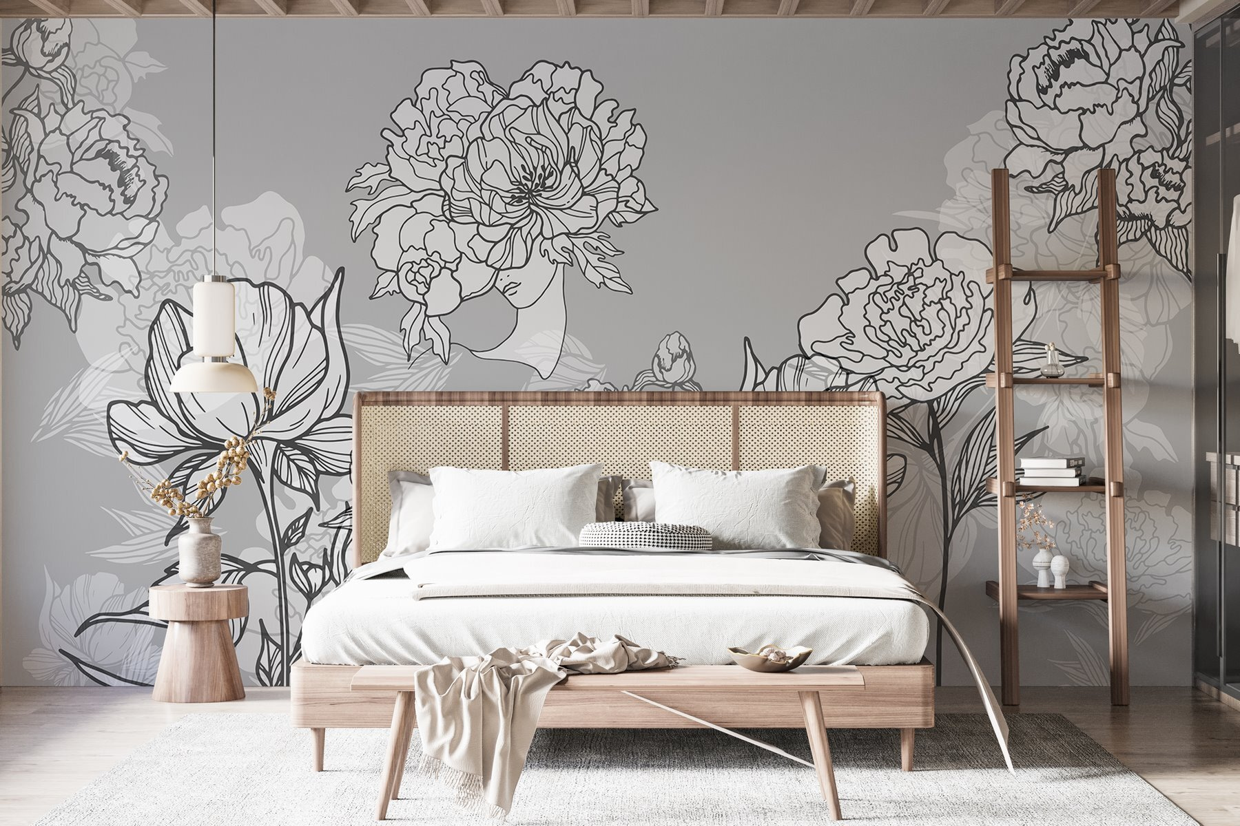 Line of flowers on a gray background