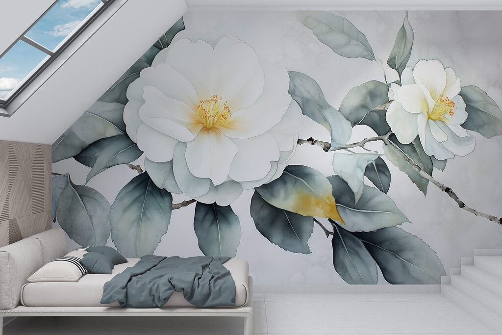 White flower with green leaves