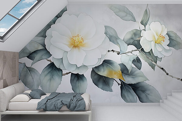 Papel de parede Papel de parede Flor branca com folhas verdes (REF: w03761)