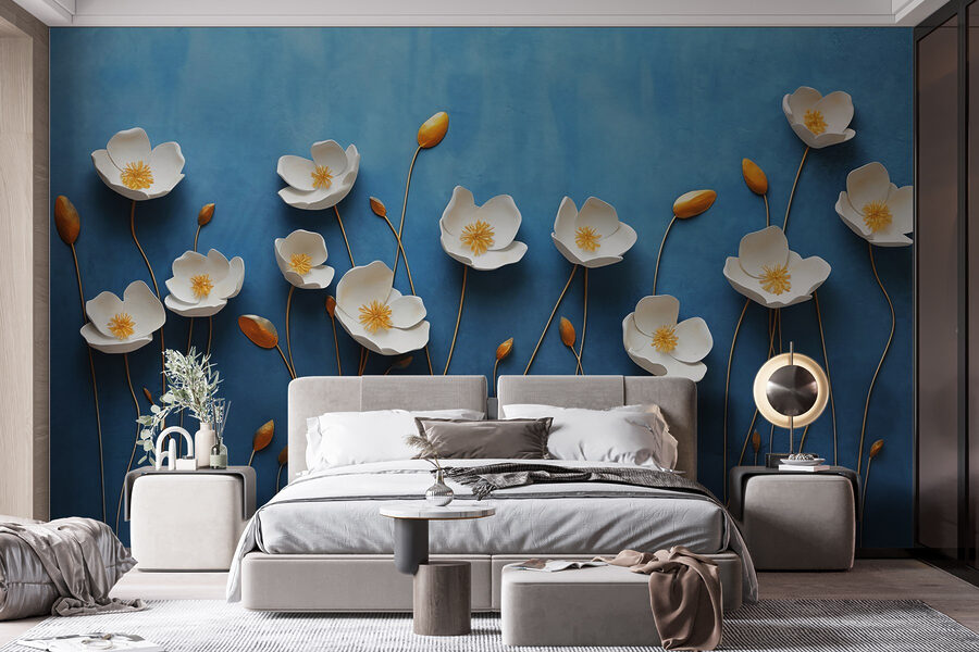 Grupo de flores brancas sobre um fundo azul