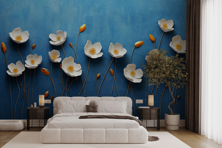 Grupo de flores brancas sobre um fundo azul