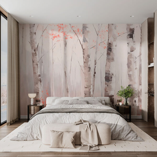 Papel de parede Papel de parede Pintura de árvores com folhas cor-de-rosa (REF: w03746)