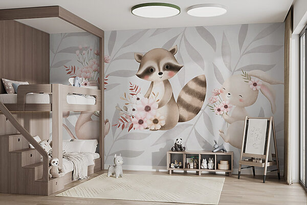 Papel de parede Papel de parede Guaxinim e coelho a segurar flores (REF: w03861)