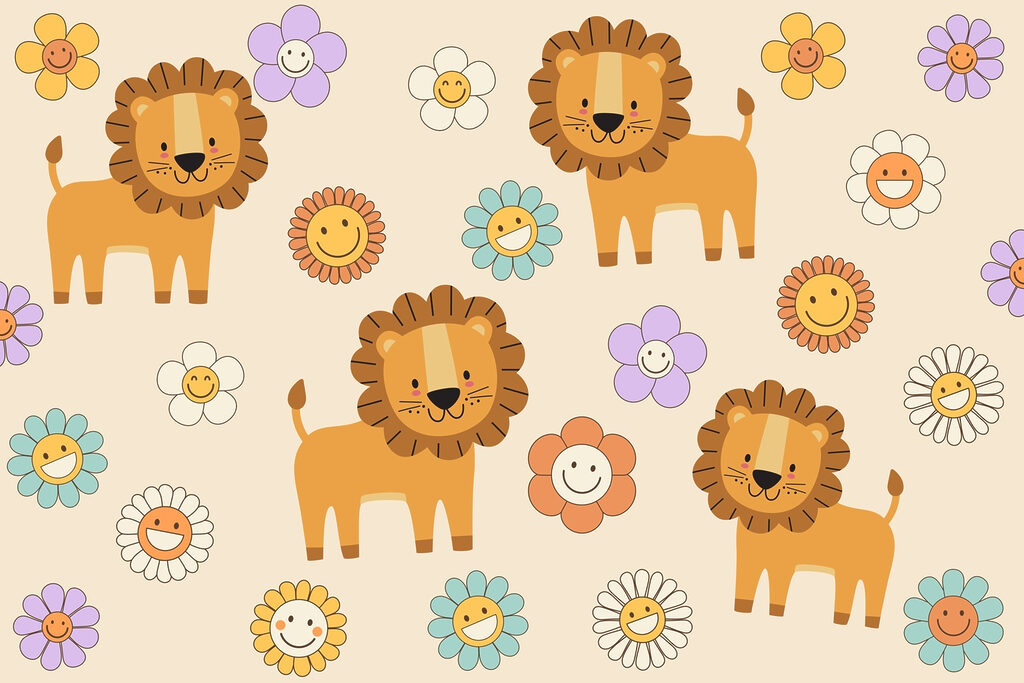 Grupo de leões e flores em banda desenhada Grupo de leões e flores em banda desenhada