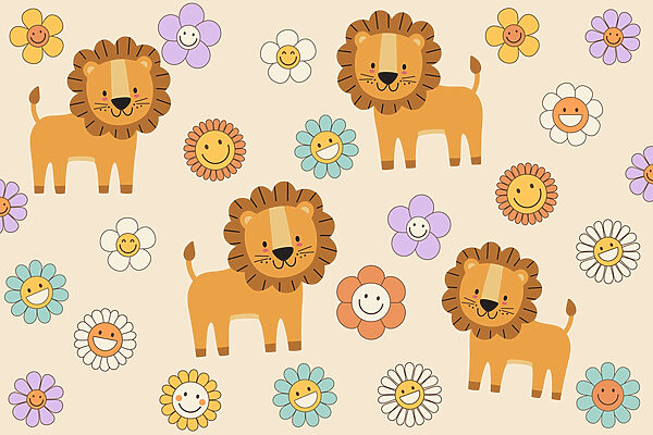 Grupo de leões e flores em banda desenhada Grupo de leões e flores em banda desenhada
