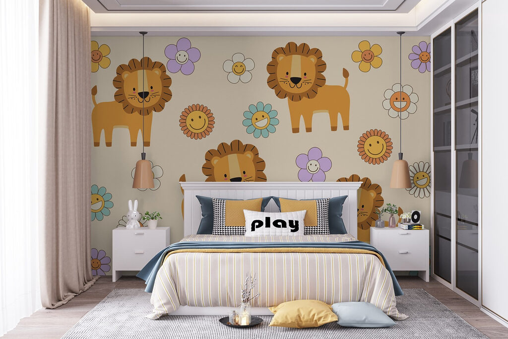 Group of cartoon lions and flowers Group of cartoon lions and flowers