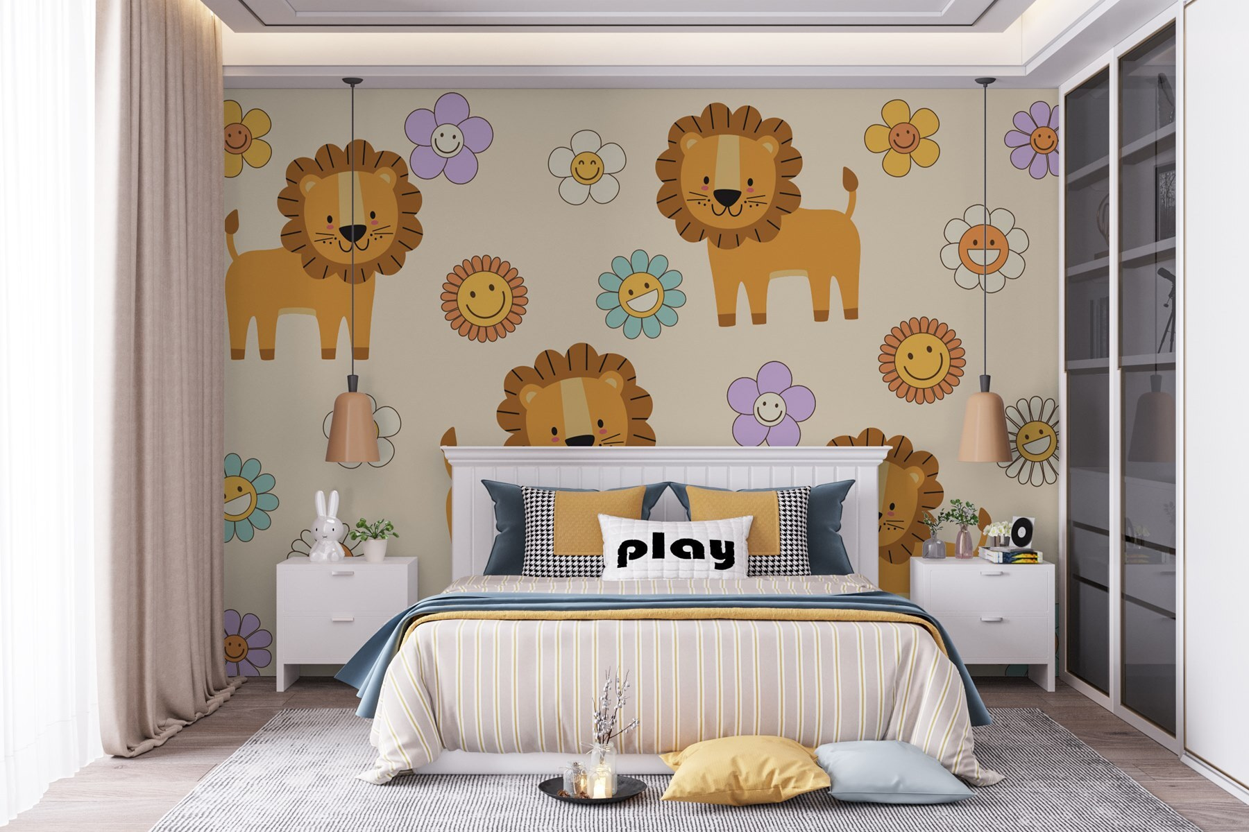 Group of cartoon lions and flowers Group of cartoon lions and flowers