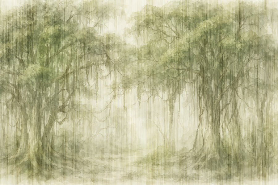 Pintura de árvores numa floresta com nevoeiro