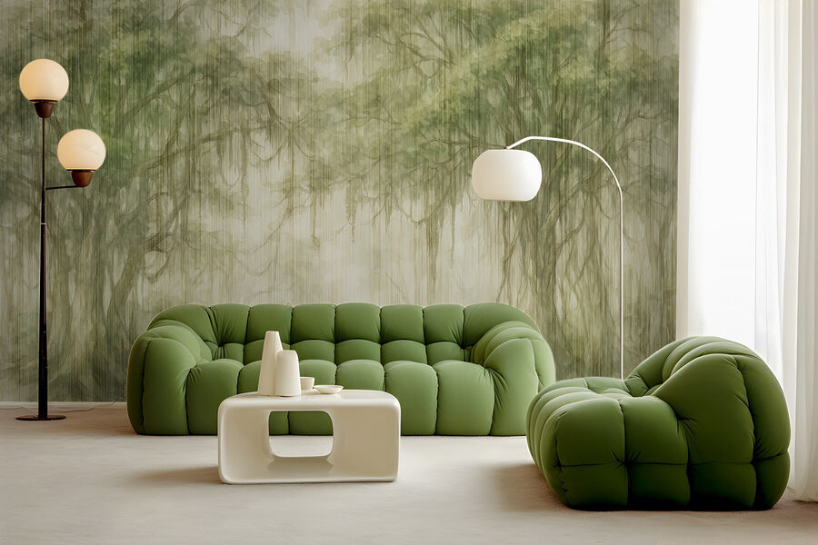 Pintura de árvores numa floresta com nevoeiro