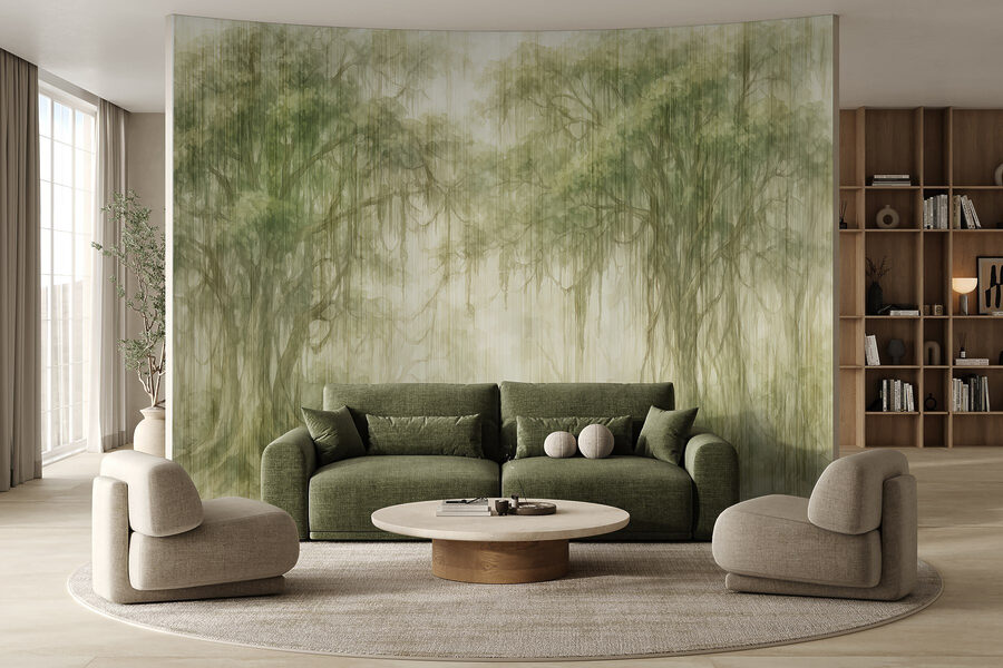 Pintura de árvores numa floresta com nevoeiro