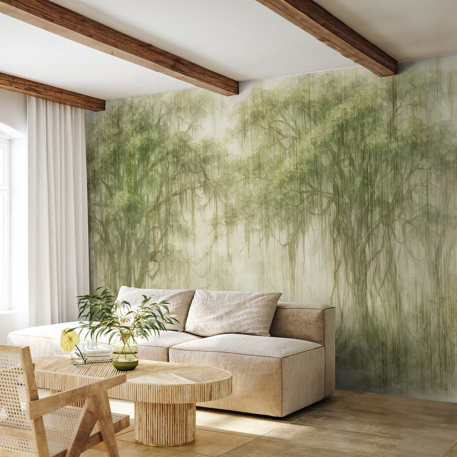 Pintura de árvores numa floresta com nevoeiro