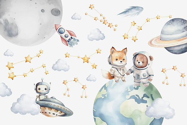 Desenho a aguarela de animais no espaço Desenho a aguarela de animais no espaço