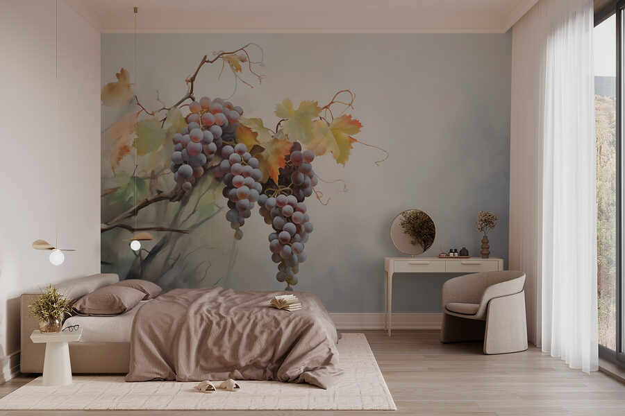 Cachos de uvas numa videira