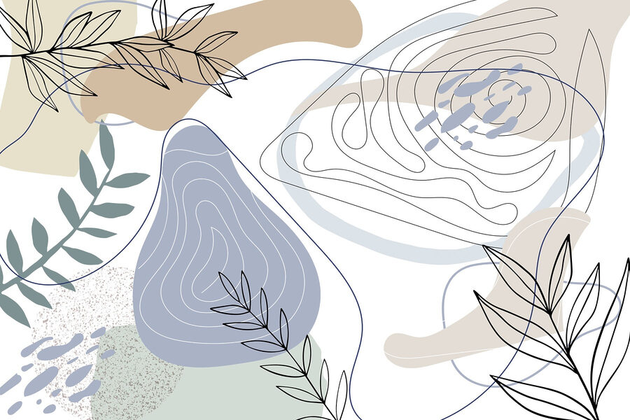 Formas abstractas e detalhes em folha.
