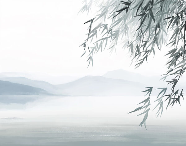 Water and trees with mountains in the background