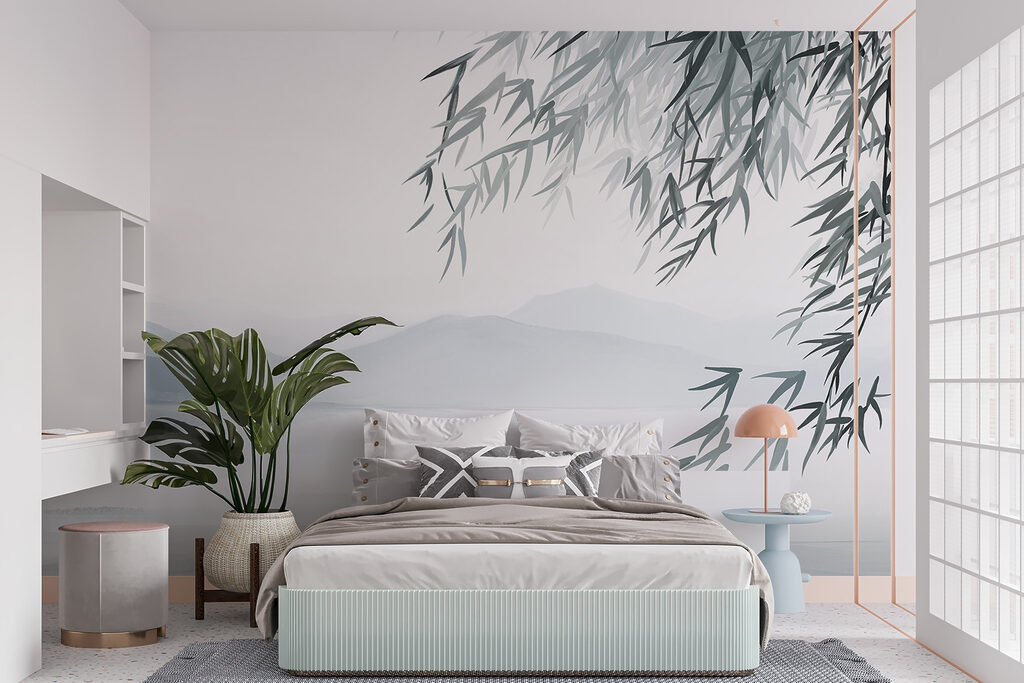 Water and trees with mountains in the background