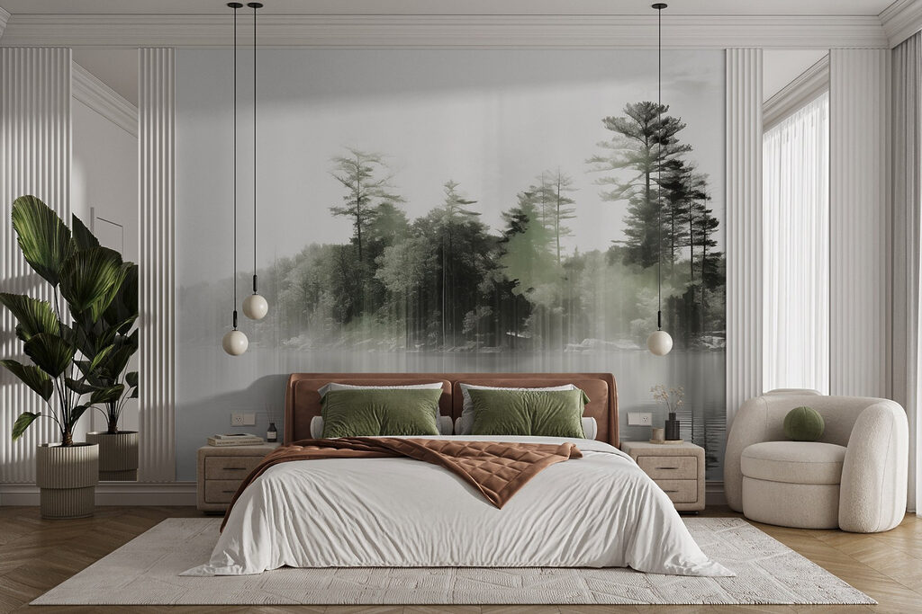 Body of water with trees and fog