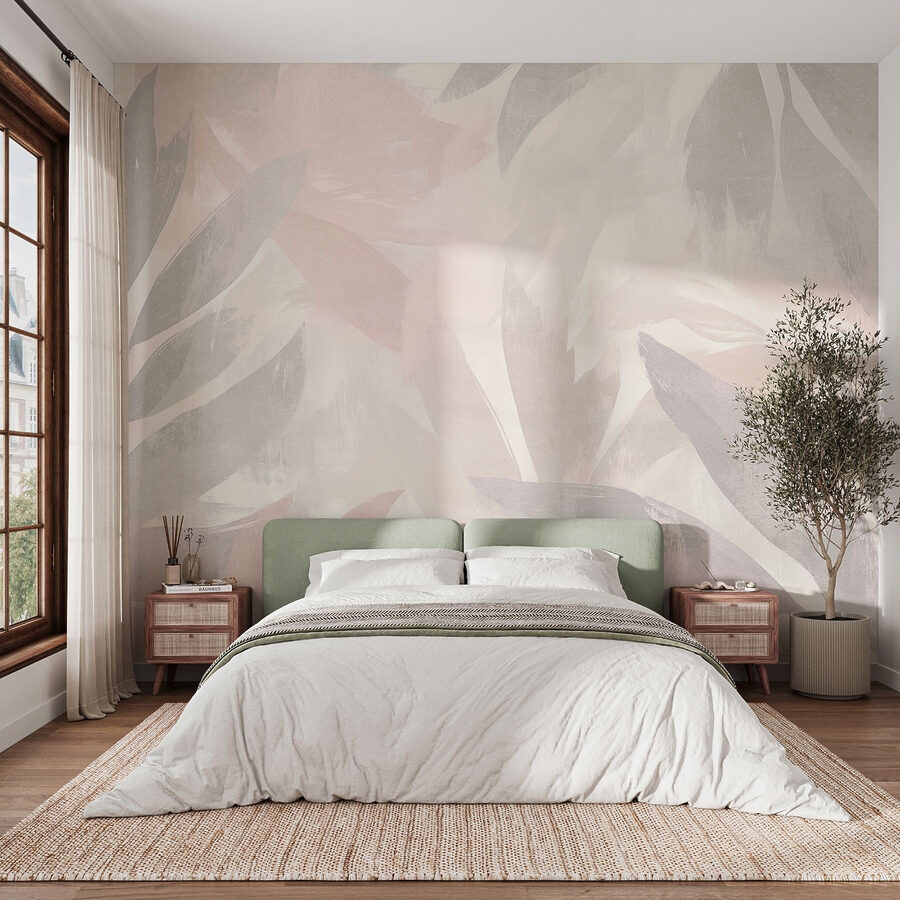 Fundo branco e cor-de-rosa com folhas